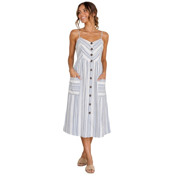 Japna Dresses & Skirts - Coastal Breeze Striped Button-Front Midi Dress Womens XS Pockets Smocked Back